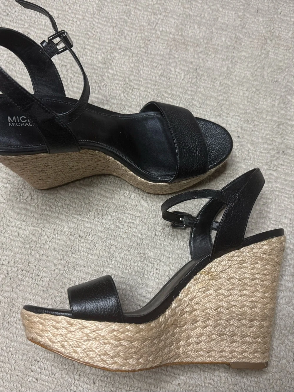 Michael Kors Black Leather Espadrille Wedge Sandals with Ankle Strap